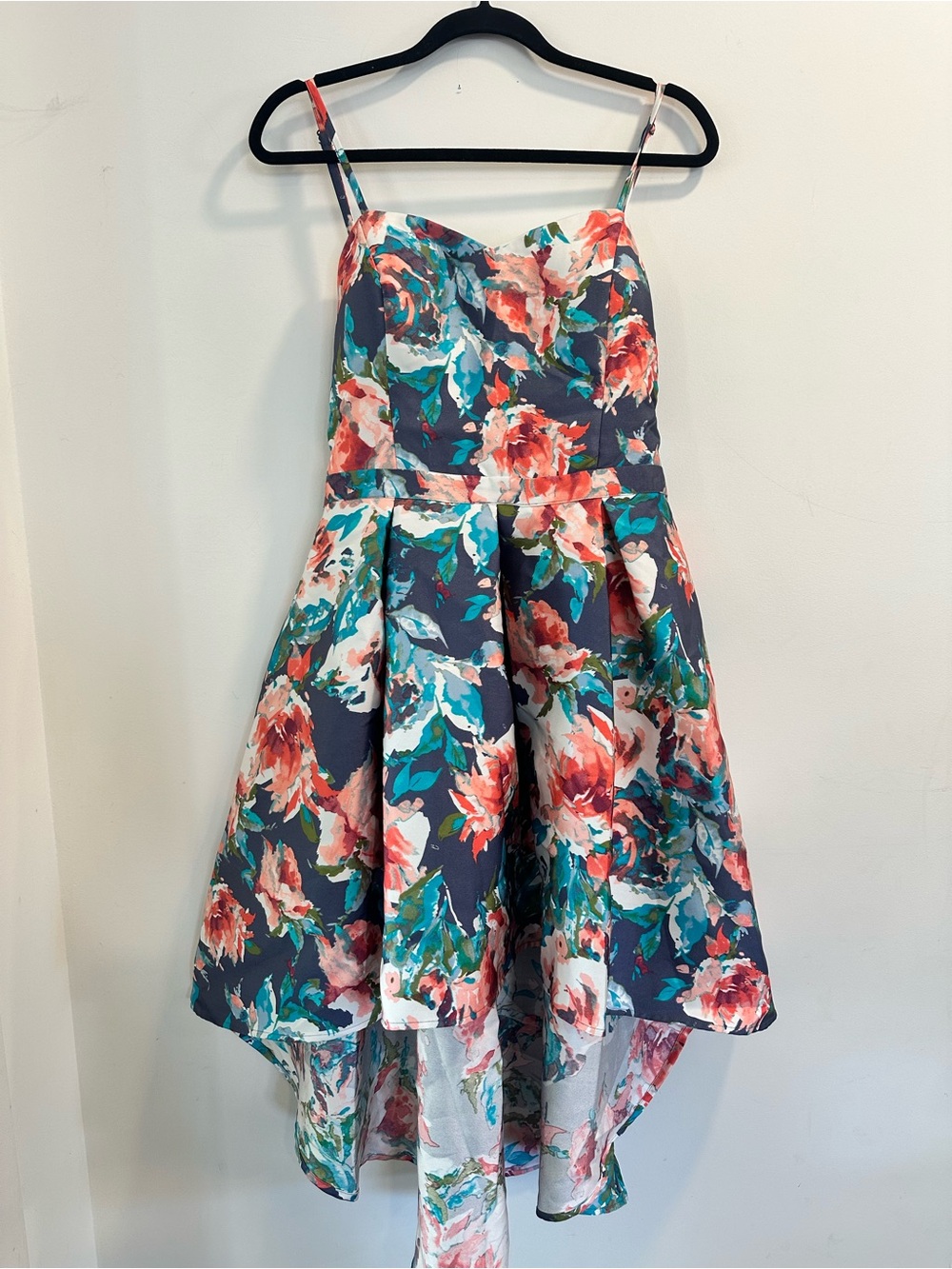 VENUS High-Low Floral Print Dress with Coral and Teal Accents Size 16
